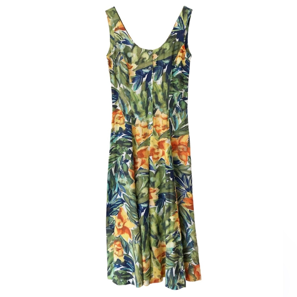 Vintage | Sleeveless Wide Leg Tropical Print Jumpsuit Dress XS Hawaiian